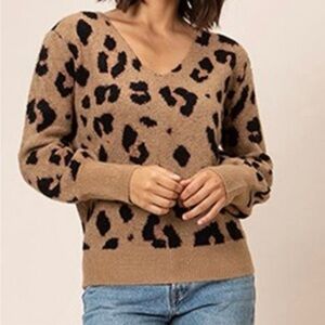 Dee elly Pink/black V-Neck Sweater with Bold Animal Print